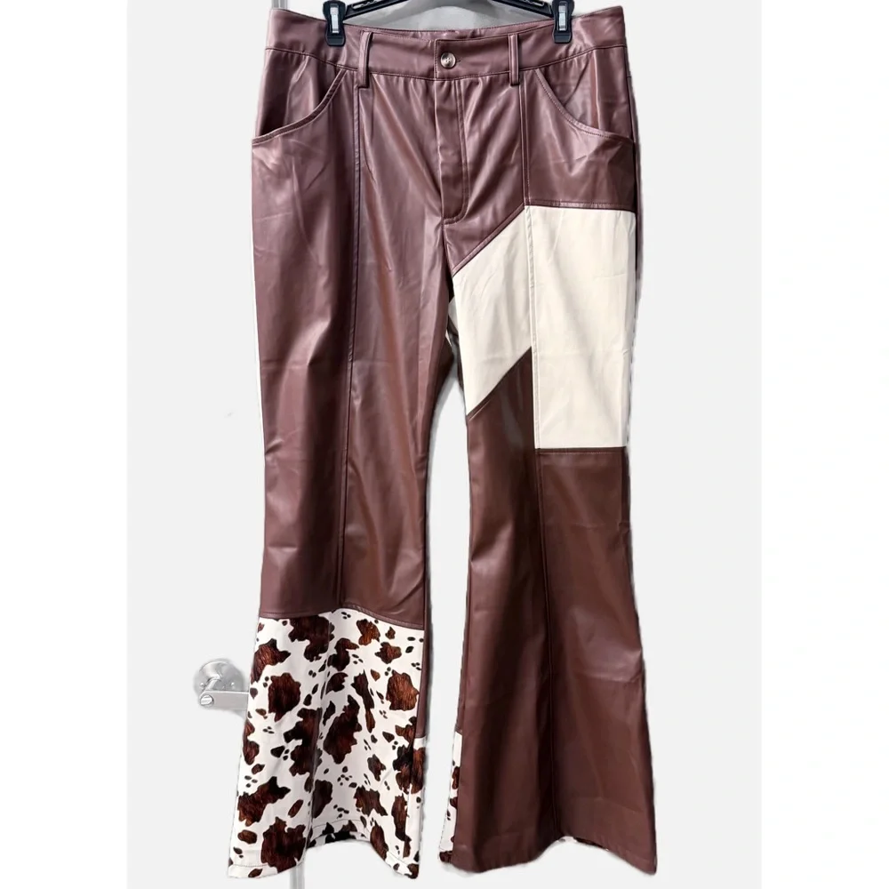 Ursime Western Cow Pattern PU Leather High Waist‎ Bell Bottom Pants - Size XL